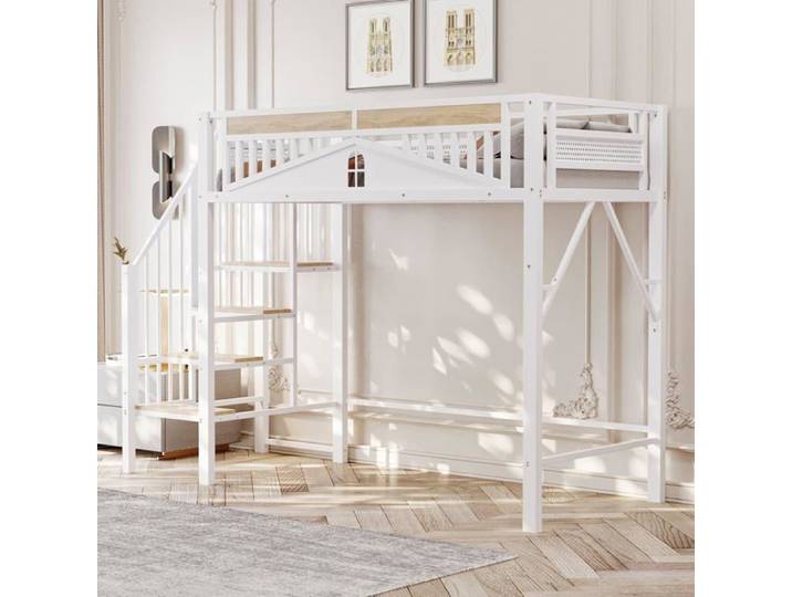 Lit Mezzanine 90 x 200 avec escalier de sécurité métal lit superposé 1 Place avec fenêtre et Unique Garde-Corp Blanc