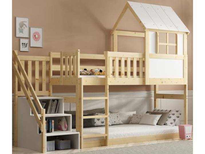 Interbeds Hochbett 90x200 cm mit Rutsche und Treppen Etagenbett Stockbett Holzbett Kinderbett mit Lattenrost Spielbett für Kinder Jugendbett aus Massivholz mit Sicherheitsgeländer (Mit Treppen)