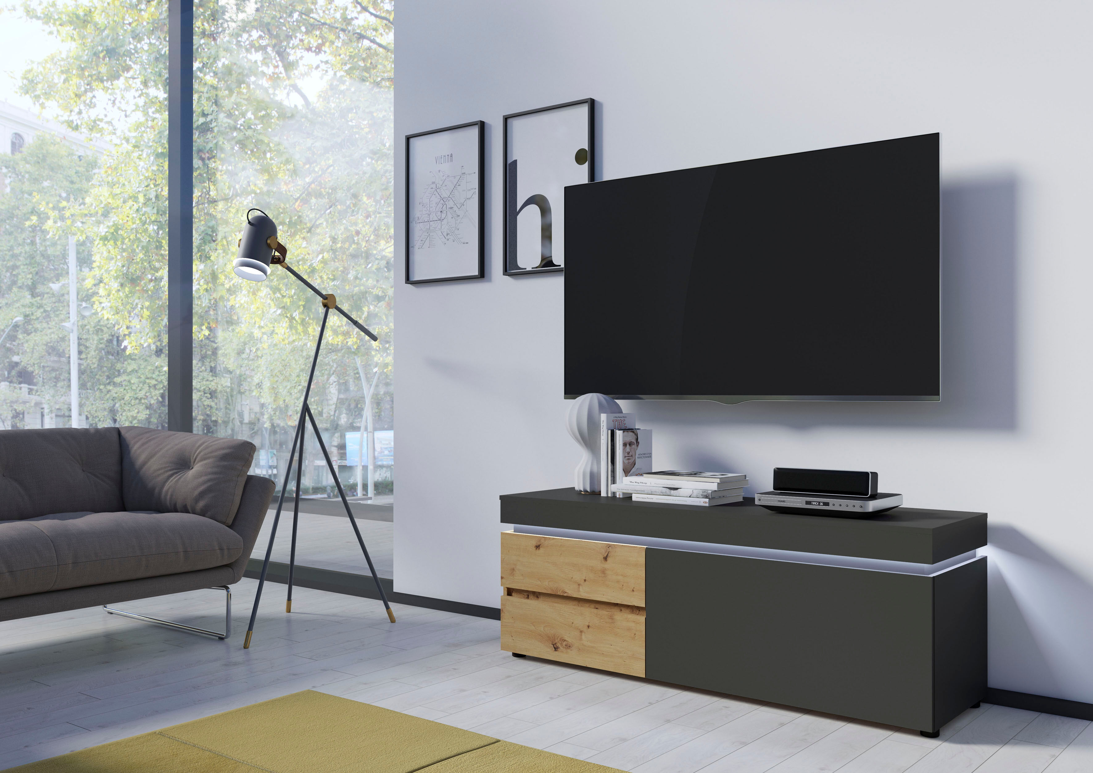 Lowboard HOME AFFAIRE "Luci", schwarz (eichefarben artisan, kosmos anthrazit), B:150cm H:48cm T:56cm, Sideboards, Lowboard, Breite 150 cm