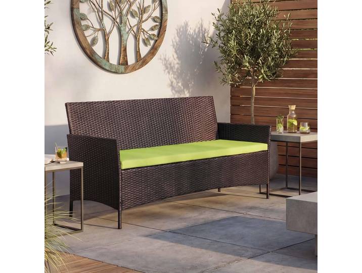 3-Sitzer Poly-Rattan Gartenbank Halden, Sitzbank braun-meliert, Kissen grün