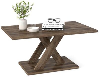 Costway 37.5 Inch Rectangular Coffee Table with Stable Base and Rubber Wood Connection for Living Room-Brown