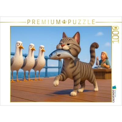 CALVENDO Puzzle Was sagt ihr nun - Cartoon Katze mit Fisch | 1000 Teile Lege-Größe 64x48cm Foto-Puzzle für glückliche Stunden