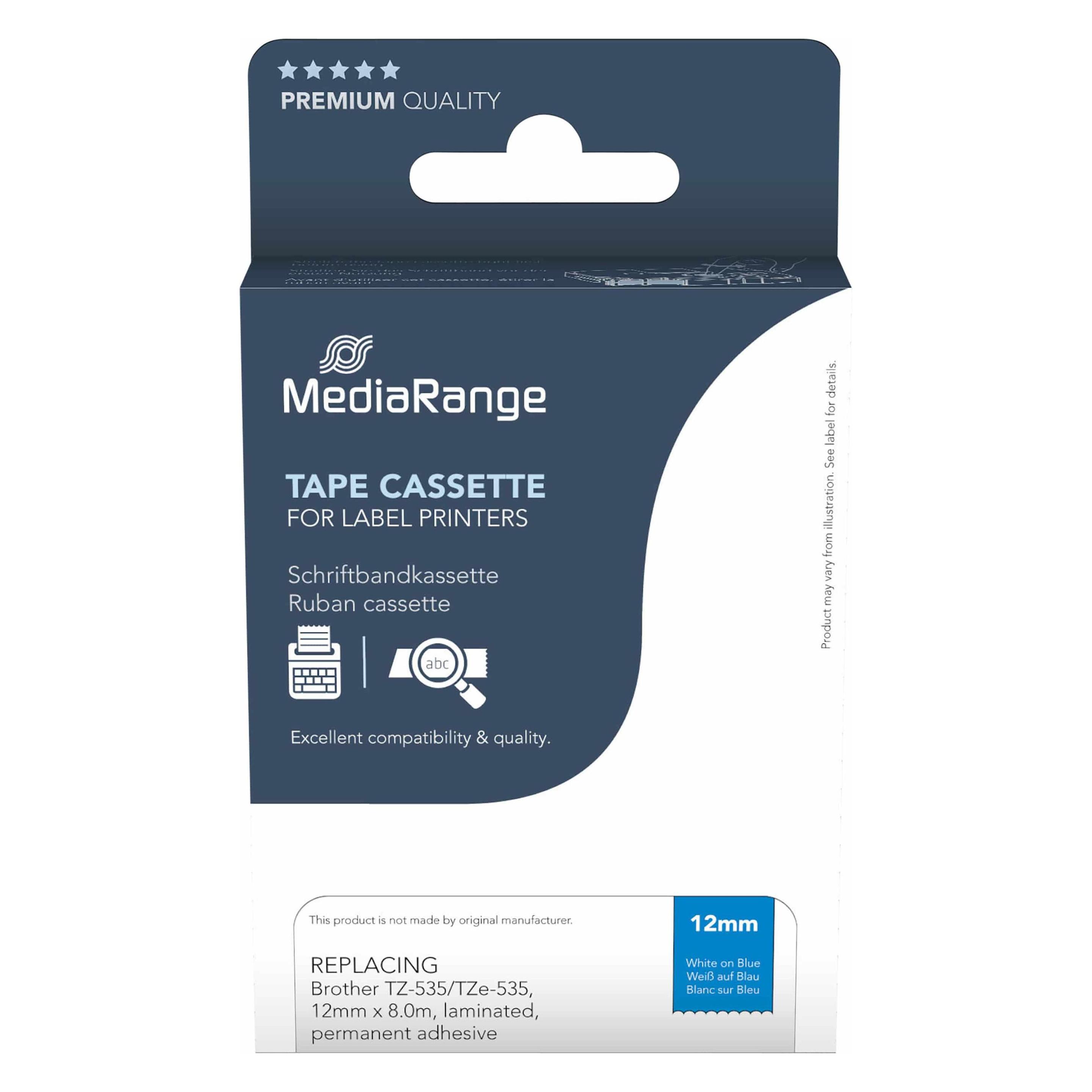 MediaRange Schriftbandkassette weiß auf blau 8m x 12mm (1.20 cm, Weiss, Blau) (MRBTZ535)