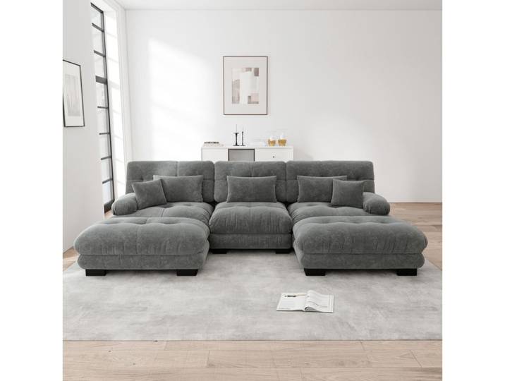 MEULVA Canapé modulable U 3 places en chenille gris assise profonde avec ottomans déplaçables