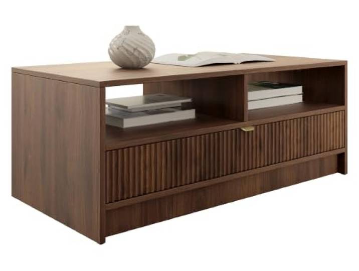 Mirjan24 Couchtisch Tireno 1SZ mit Schublade (Nuss Okapi) Kaffeetisch mit geriffelter Front, goldfarbenem Griff und Ablagefächern für Fernbedienungen, Zeitschriften und Zubehör