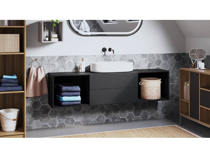 Schwarzes Hängesideboard - Waschtischschrank nach Maß Premium Dekore Schwarz