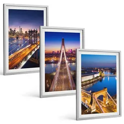BILDER SET 3er Set - 40x60 cm Silberner Rahmen - Städte bei Nacht, Brücken, Flüsse