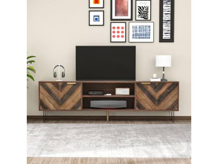 XINGNING TV-Schrank mit 2 Türen und Fächern, Massivholzfurnier, Goldgriffe und Eisenfüße, Modernes Lowboard fürs Wohnzimmer