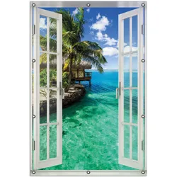 Wallario Gartenposter ca. 80 x 120 cm Fenster-Illusion Karibisches Meer ? Einsame Hütte unter Palmen