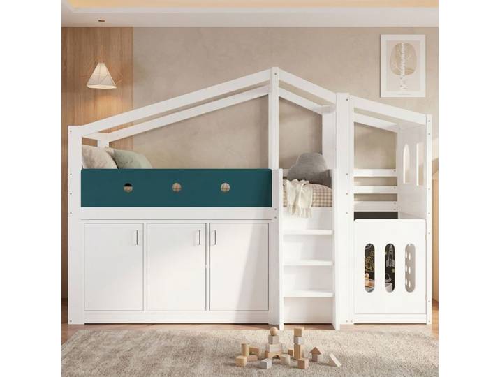 Lit Mezzanine Enfant 90x200 cm Bois Blanc Forme Maison avec Espace de Jeu - Lit Enfant - Grande Armoire Échelle et Barrière Sûre