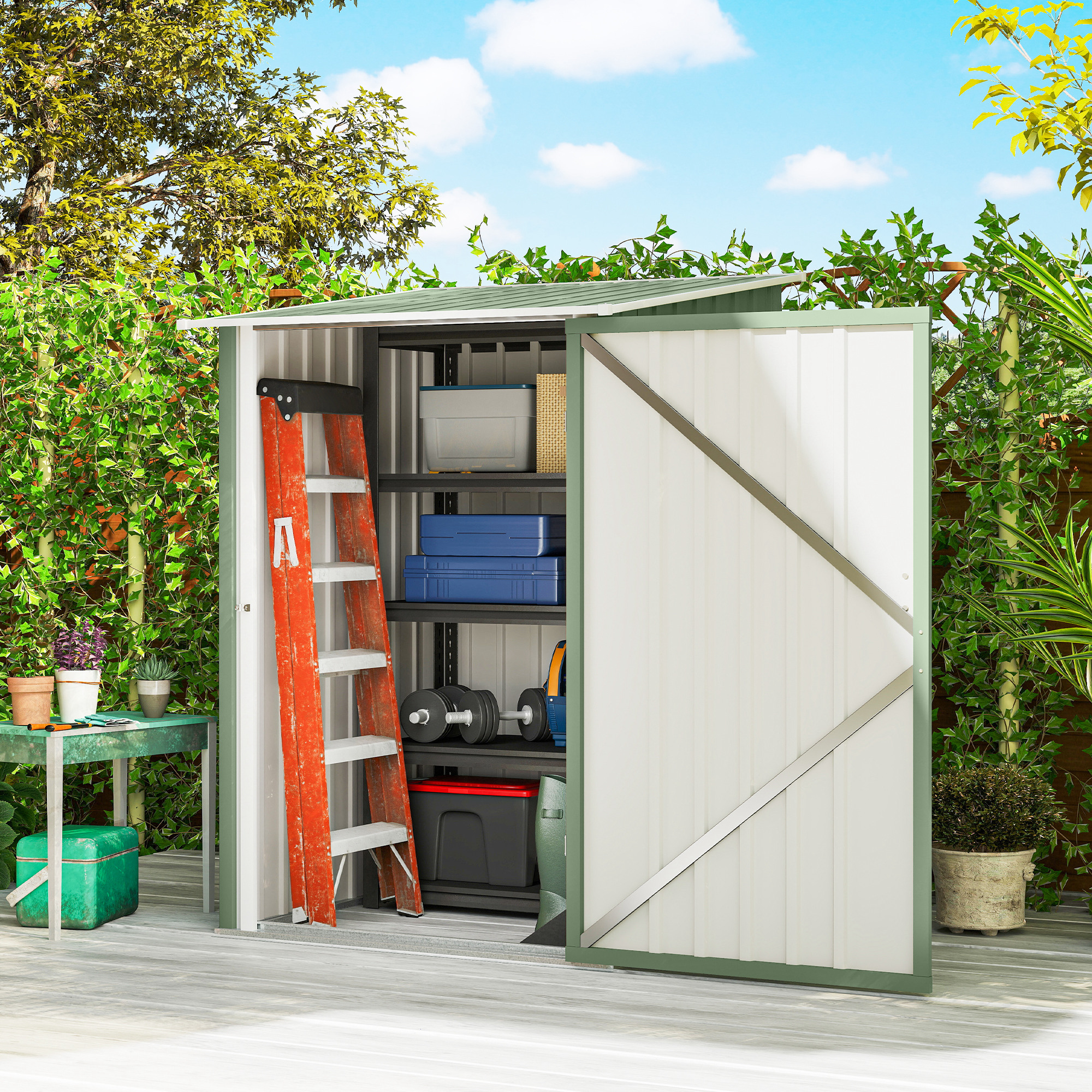 Outsunny Casetta da Giardino con Porta e tetto inclinato, Capanno Porta Attrezzi in Acciaio, 100x104x160 cm, Verde Chiaro   Aosom Italy