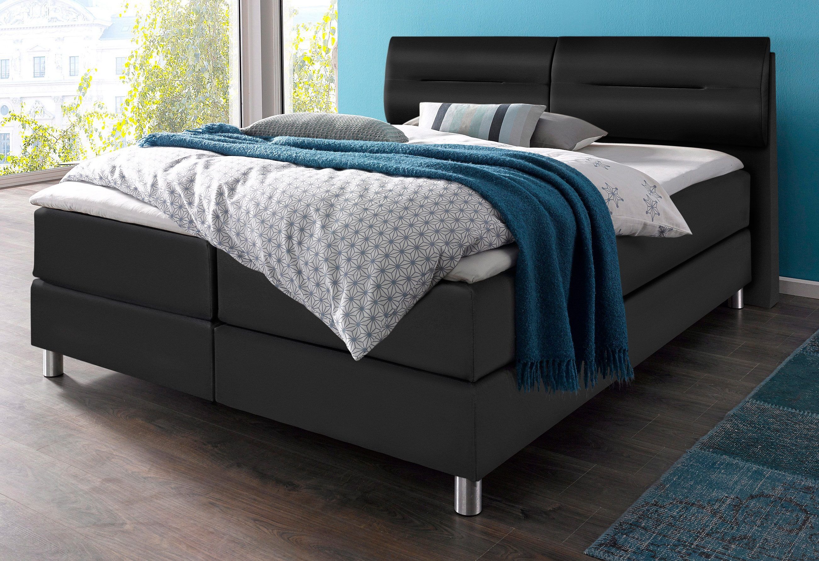Boxspringbett MAINTAL, schwarz, Kunstleder, Liegefläche B/L: 180cm x 200cm, H2 + H2, Bonnell-Federkernmatratze, Bezug bei beige, anthrazit und hellgrau: pflegeleichter Strukturstoff (100% Polyester);Bezug bei weiss und schwarz: Kunstleder (100% Polyuretha