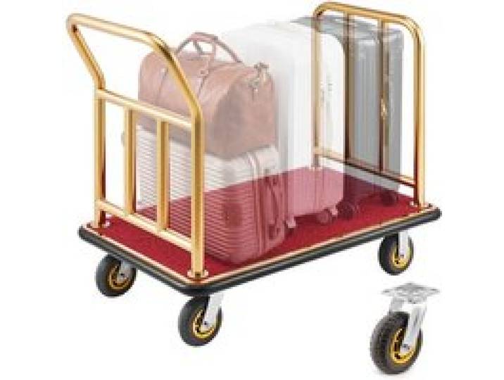 VEVOR Hotelgepäckwagen aus Edelstahl, 340,19 kg Belastbarer Kofferwagen mit 6 Zoll Gummirädern, Hotelwagen mit Rotem Teppichboden, Gewerblicher Plattformwagen für Hotels Ferienwohnungen Resorts, Gold