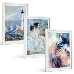 BILDER SET 3er Set - 40x60 cm Weißer Rahmen - Leuchtturm-Abstrakte Tänzerin