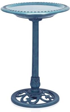 Alpine Blue Pedestal Birdbath with Scrollwork Base and Ground Stakes