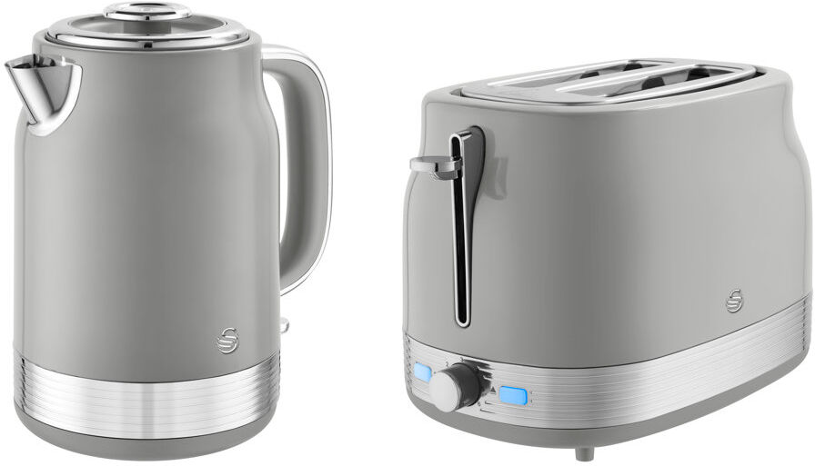 Swan Retro Kitchen Set, 1.7L Rapid Boil Traditional Kettle and 2 Slice Toaster, Non-Slip Feet Grey 1.7L