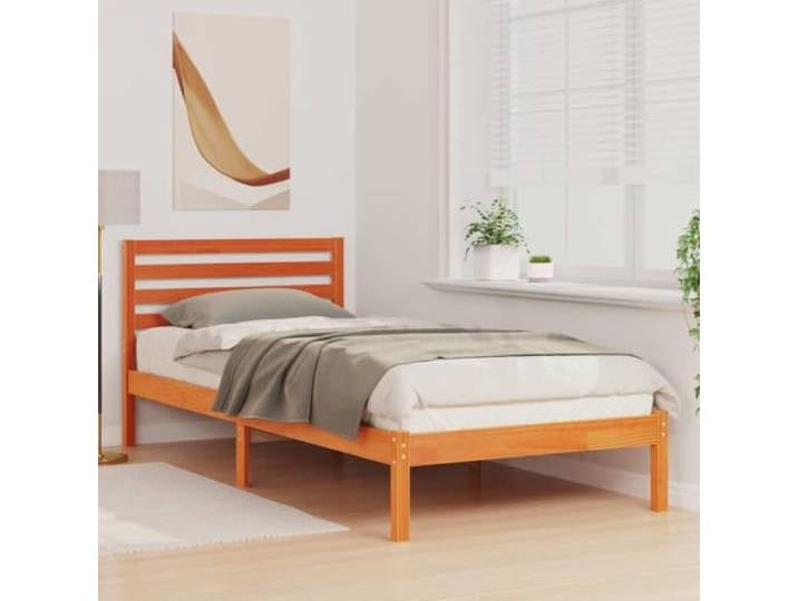 KTHLBRH Bett Kiefer massiv 100 x 210 cm braun gewachst Modernes Design, flache Basis, glatte Oberfläche, rechteckige Struktur