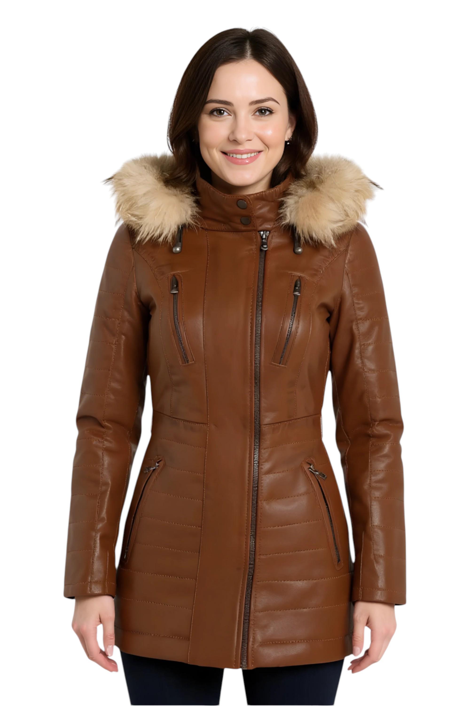 Dames Tan Dames Tan Bruin Gewatteerde Leren Parka Jas-Bowen