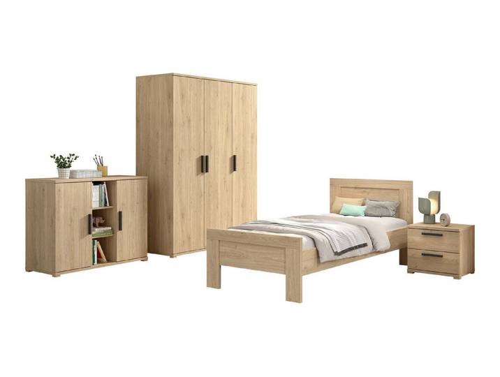 58 aufm Kessel Jugendzimmer-Set Kinderzimmer Set Keelia Eiche Bett Schrank 3türig Kommode, (inkl. Versand, Lieferung bis Verwendungsstelle), Komplettset mit viel Stauraum und modernem Design