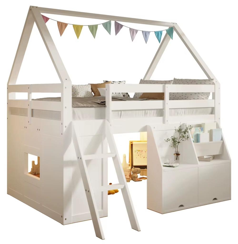 Hausförmiges Hochbett für Kinder - Multifunktionales Hochbett - Treppe - Aufbewahrungsboxen mit Deckel - Stofftaschen - Holzkonstruktion - Weiß, 140 x 200 cm