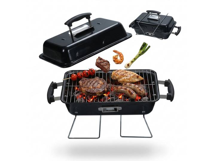 Relaxdays Tischgrill Schwarz klappbar mit Deckel Holzkohle, Metall, Kunststoff, 56x36x30.5 cm, Grillen, Grills, Holzkohlegrill
