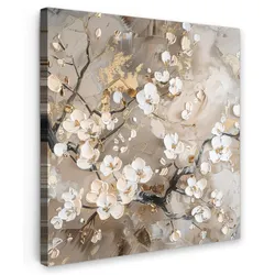 LEINWANDBILD Blumen - Weiß - Gold - Beige - Luxus Deko Wohnzimmer 20x20 cm