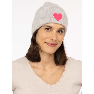 Beanie ZWILLINGSHERZ "Heart Patch", Damen, grau, Grobstrick, Materialmix, unifarben mit Farbeinsatz, Mützen Beanie, Grobstrick, Herzmotiv,Wollanteil, breiter Umschlag, wärmend