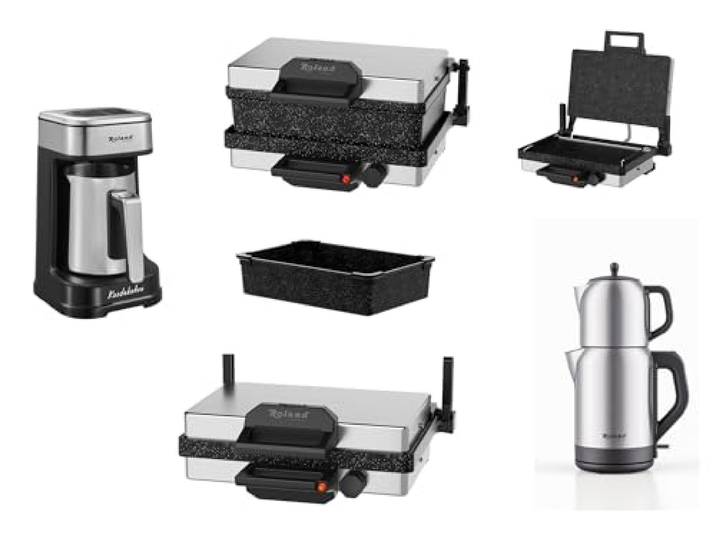 Roland Germany Multigrill, 2000W Elektro-Kontaktgrill, Schwarz, 340x220mm Grillplatten, 5-Stufen Temperaturregelung, für Lahmacun, Fleisch, Toast und Gemüse (1, 4 in 1)