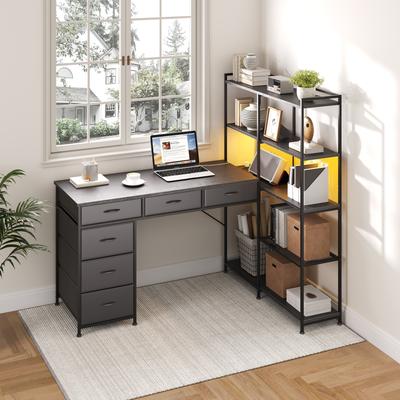 Garvee L-Shaped Corner Desk with 6 Drawers, 5-Tier Shelves, LED & Power Outlets, 47.2 Inch Workstation for Office & Gaming