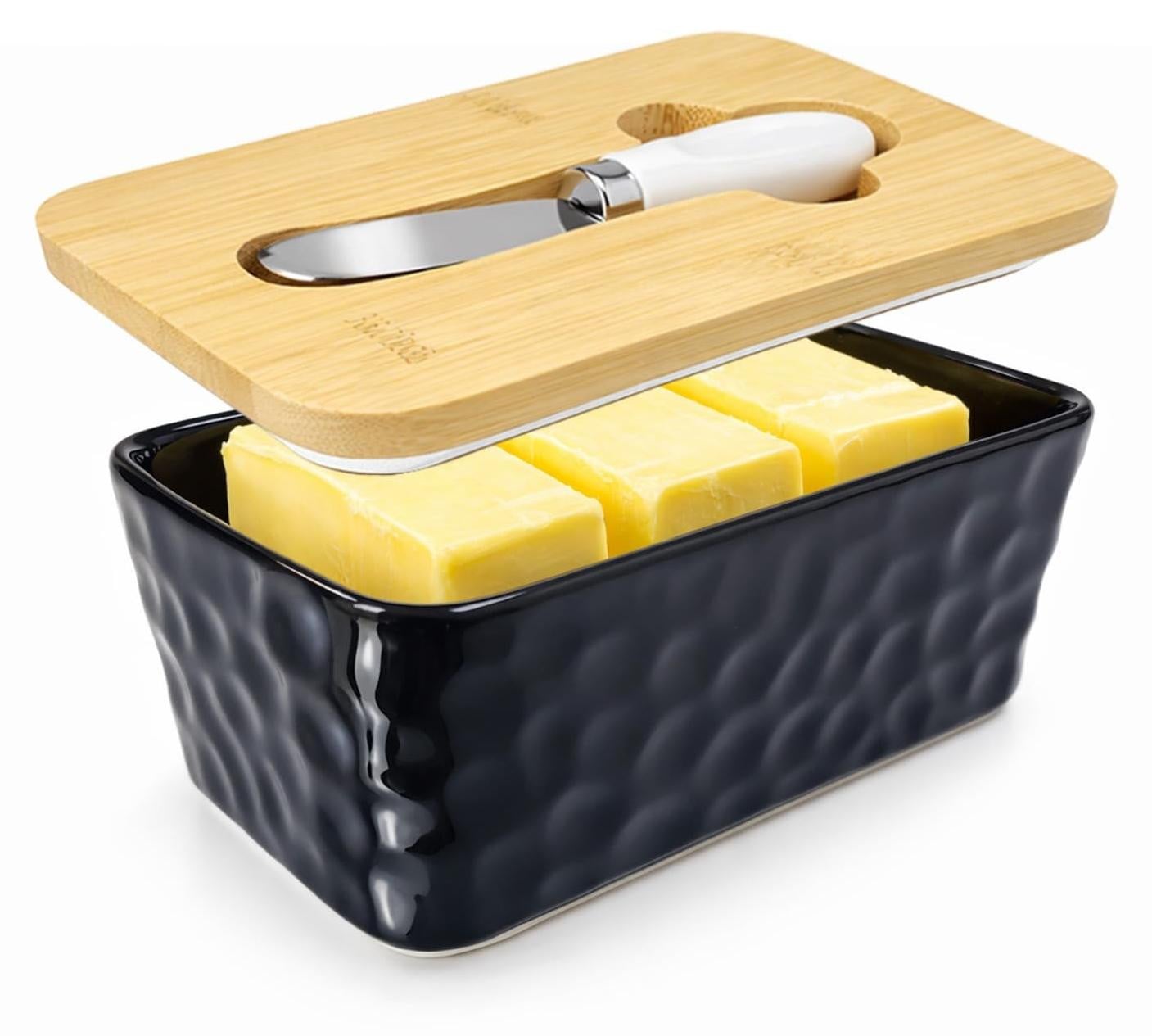 Keramisch botervloot met houten deksel en botermes