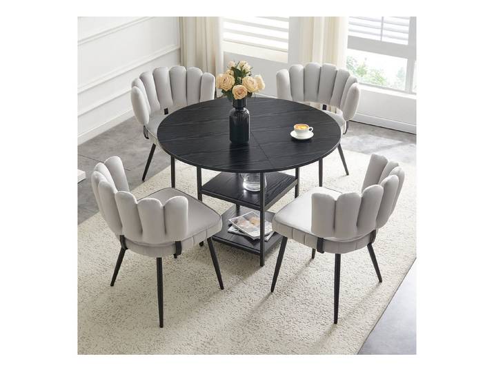 Fine Life Pro Essgruppe Tisch-Set, runder Esstisch, doppelte Ablage, 107 cm, 4 hellgraue Stoff-Stühle, Blütenlehne
