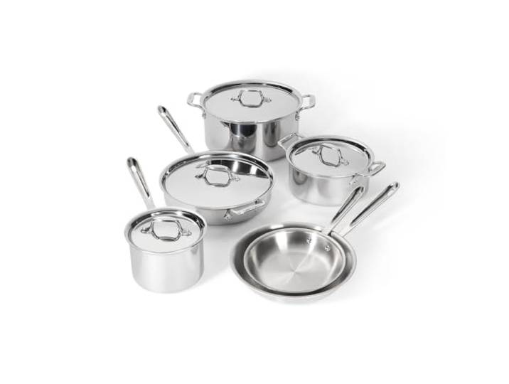 All-Clad D3 3-lagiges Edelstahl-Kochgeschirr-Set, 10-teilig, Induktion, ofenfest, 600 F, Küchen-Kochset mit Bratpfannen, Töpfen, Sautépfanne, Suppentopf und Suppentopf, Töpfe und Pfannen, Silber