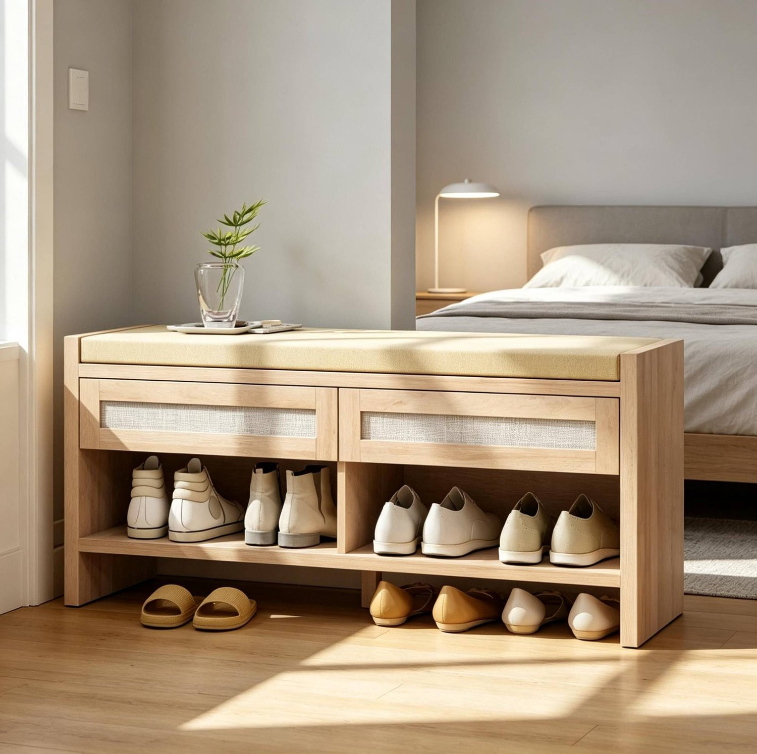 CHICFURN Schoenenkast met zitkussen en 2 lades in lichtbruin