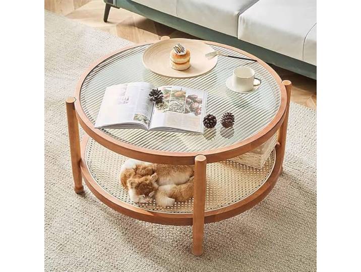 Runder Couchtisch mit Ablage, Rattan, 80 cm, kleiner Glas-Couchtisch für Wohnzimmer, moderner Stil, Bauernhaus, Holz, Couchtisch, Wohnzimmer, Couchtisch, Kreis, einfache Montage (Größe: 80 x 45 cm,