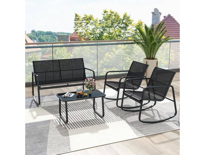 GOPLUS Salon de Jardin 4 Pièces à Bascule-1 Canapé/2 Chaises à Bascule/Table Basse en Verre pour Porche/Balcon