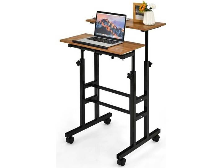 DREAMADE Bureau Assis-Debout avec Roulettes 2 Tablettes Table Informatique Réglable en Hauteur et Angle pour Bureau