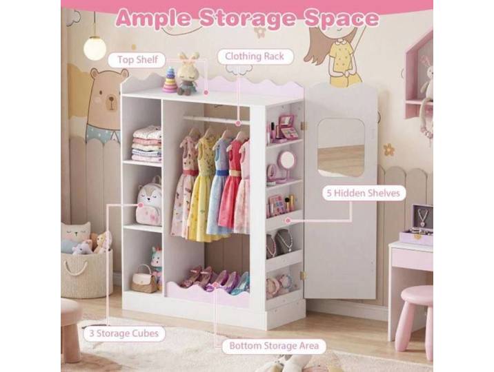 Chambre enfant bien rangée meuble de rangement rose avec miroir penderie et étagères pour se préparer