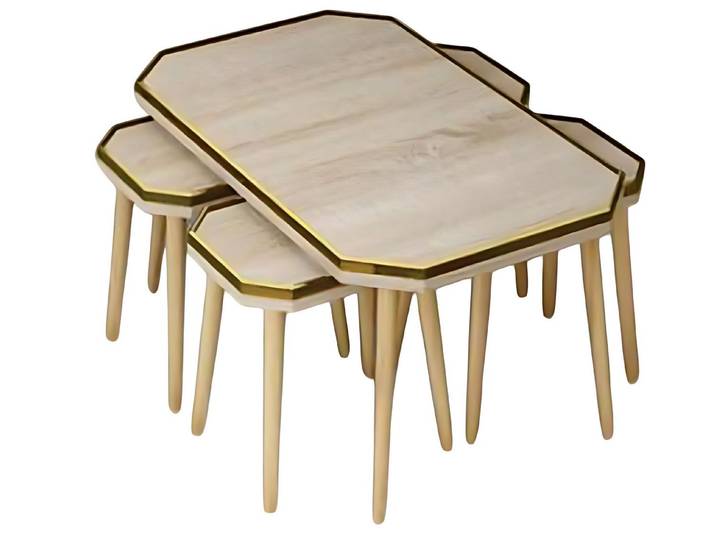 Xlmoebel Satztisch XLMOEBEL Wohnzimmer-Set Beige Holz Edelstahl modern elegant (Set, Couchtisch + 4 Beistelltische), Made in Europa