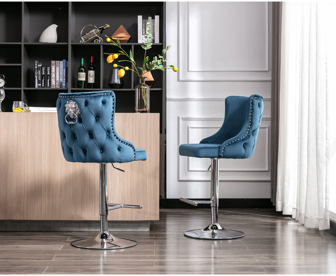 Mercer41 Glazer Swivel Upholstered Adjustable Height Bar Stool Blue / White / Grey 50cm W X 62cm D