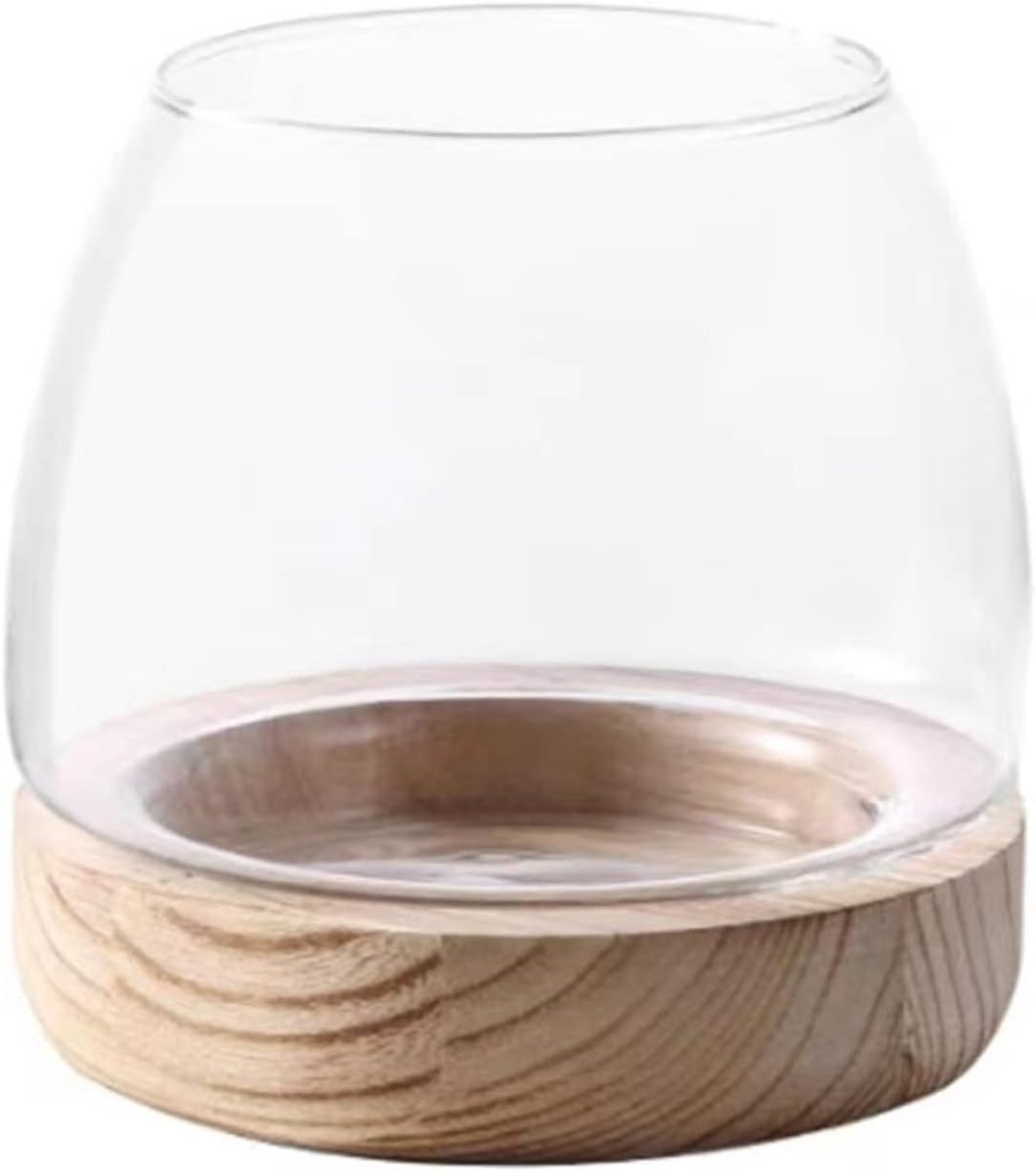 XL Glazen Hydroponics Bloemenvaas met Houten Basis - Helder