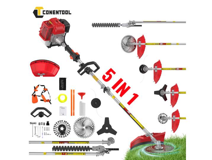 CONENTOOL 5 EN 1 Moteur 2 temps 52CC Tondeuse à gazon thermique Débroussailleuse 11000 tr/min 6 EN 1 Taille-haie à essence Tronçonneuse Outil de coupe de branches