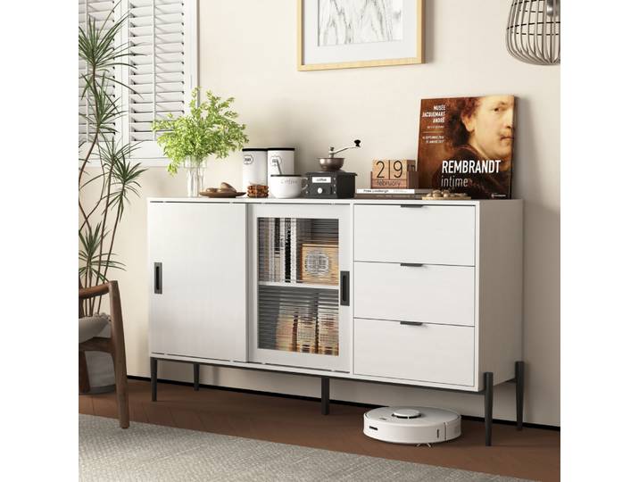 Porte coulissante en verre, 3 tiroirs, buffet moderne, armoire de Buffet de cuisine pour couloirs, entrées, cuisine, étude