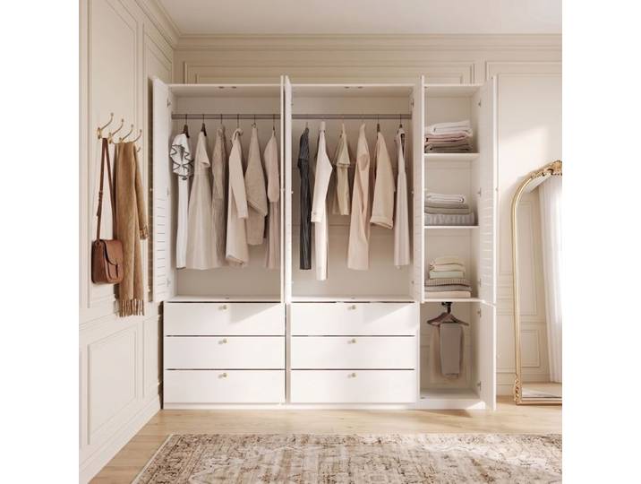 Armoire de chambre - ZEVKOR - Armoire 5 portes battantes - Blanc - 6 tiroirs - 3 tringles