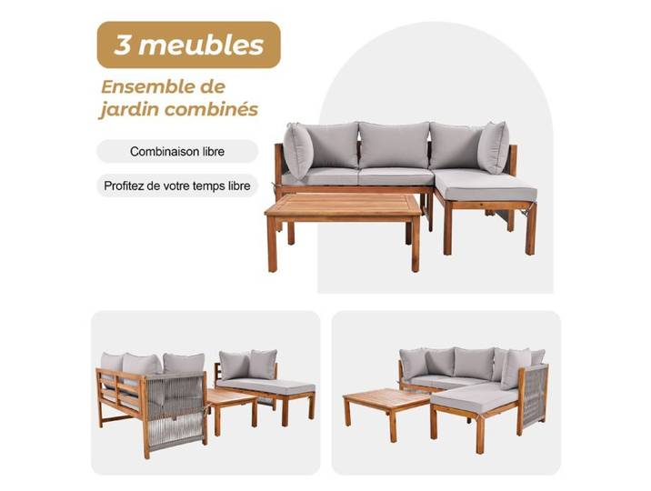 SENVIRO salon bas de jardin 3 pièces canapé d angle en L 2 canapés 2 places et 1 table bois d acacia gris