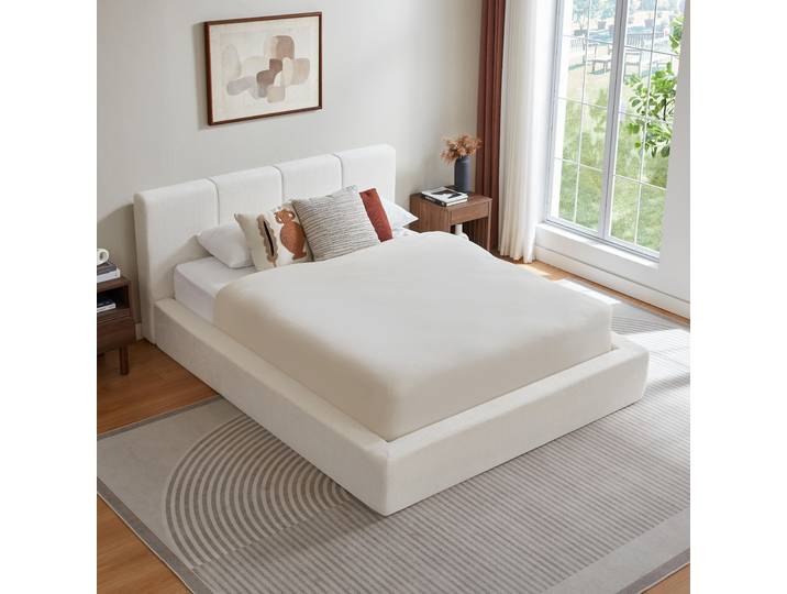 LVHOM Polsterbett 140x200cm, Chenille Stoffbett mit Metall-Lattenrost & Kopfteil, Modernes Doppelbett Jugendbett, Komprimiert, Cremeweiß