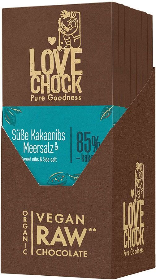 Lovechock Bio rohe Schokolade, Süße Kakaonibs-Meersalz 8x70 g Schokolade