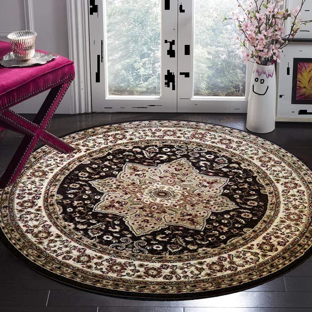 Rosalind Wheeler Dur Round 120 cm x 120 cm Floral and Oriental Flokati Area Rug Brown 120cm W X 120cm L