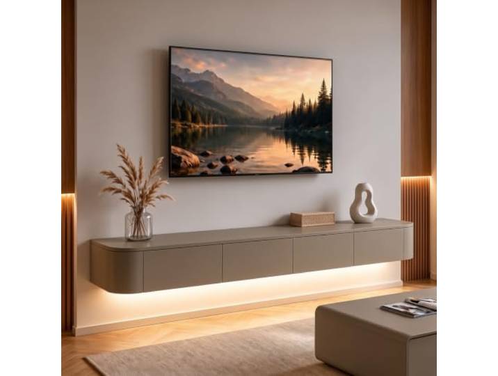 Ribanedy Modernes Schwebendes TV-Regal mit LED-Beleuchtung Wandmontierte Unterhaltungsmedien-Konsole Großes Aufbewahrungs-TV-Bank für Wohnzimmer & Büro (Khaki, 180cm)