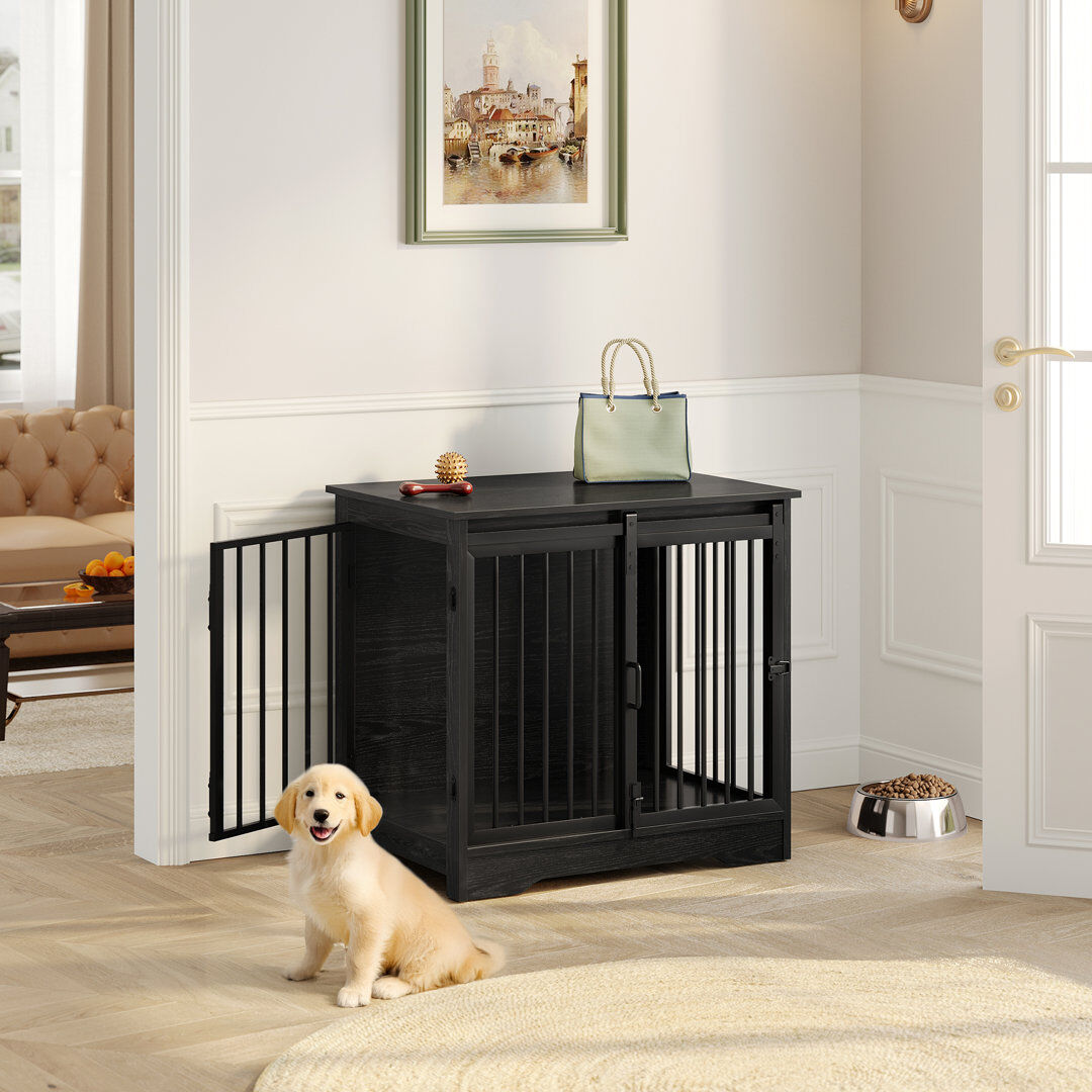 Lily Manor Dog Crate Furniture, 69 cm Double Door Wooden Dog Crate with Barn Door, Indoor Kennel, End Side Table Wooden Animal Crates for Small Dogs, Anti-Chew A Black