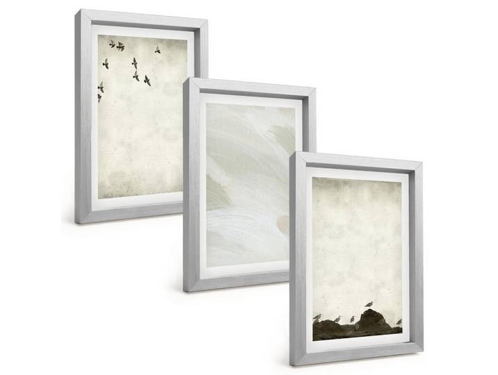 Tulup Bilder SET 3er Set - 20x30 cm Silberner Rahmen - Vögel, Steine, Pinselstriche, Verzierungen, Silberfarben, Kunststoff, Rechteckig, 20x30 cm, Fotografie, Bilder & Rahmen, Bilder